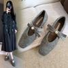 Mary Jane shoes with velvet warm round head and shallow mouth with skirt knot pearl shoes