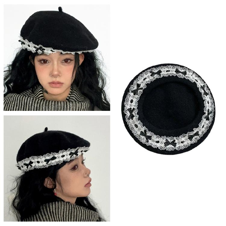 Lace Bows Cabbie Hat for Women Hat Dark Lace Vintage Cabbie Caps Unisex Headwear Autumn Winter Hat for Daily Wear