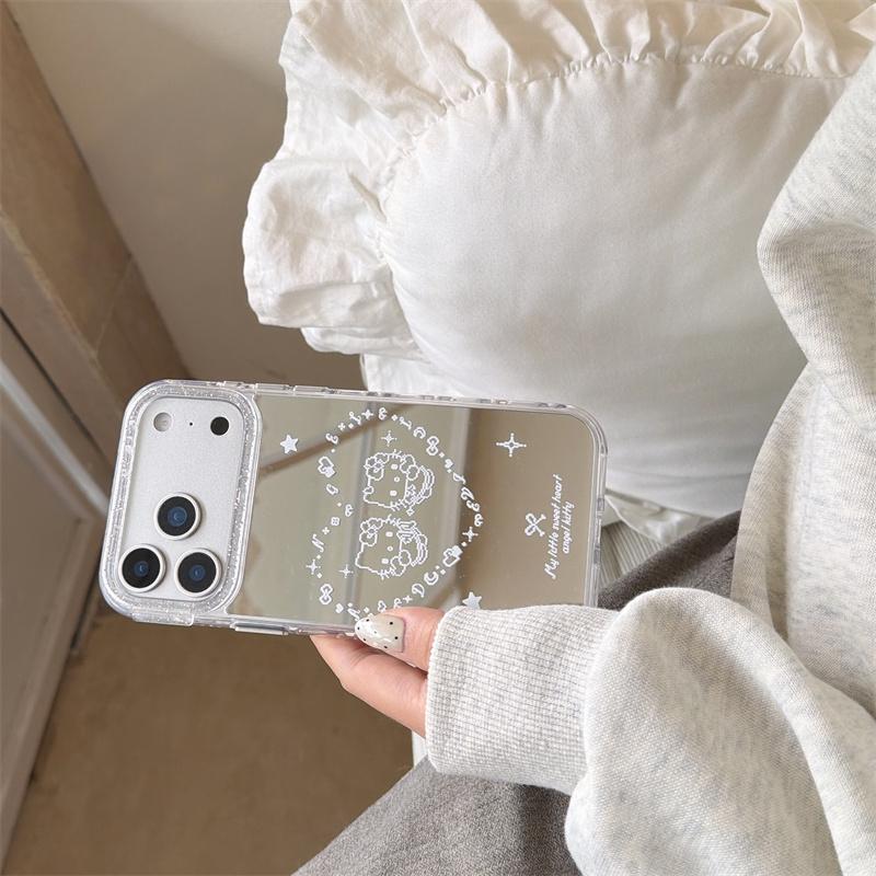 New 2026 Mirror Cartoon Cat Heart Phone Case For iPhone 17 Pro 16 15 14 Pro Max with Glitter Frame Shockproof Cover Girl
