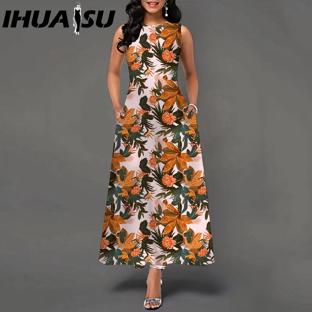 IHUASU 48 Farben Neues Damen Lockeres Vintage Blumenmuster Rüschenkleid Befree Kleid Großes Sommerparty Tanktops Elegante Maxikleider