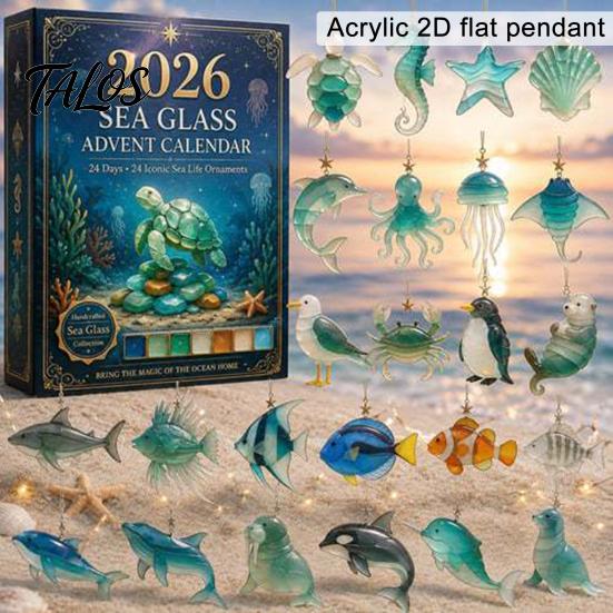 Holiday Gift for Friends Sea Glass Marine Life Advent Calendar, 24 Day Countdown Box Family Christmas Tradition with Ocean Animal Acrylic Ornaments,