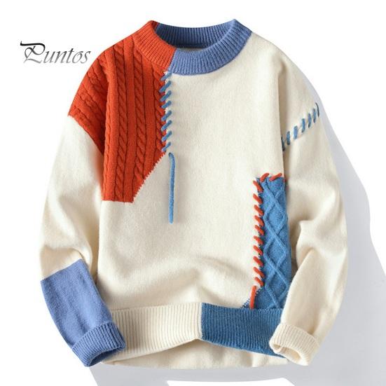 Podzim Zima Muži Svetr Barva Blokování Krájení Design Kulatý výstřih Volný Pletený svetr Silný Teplý Spodní Svetr Běžné Oblečení Práce Seznamka Svetr