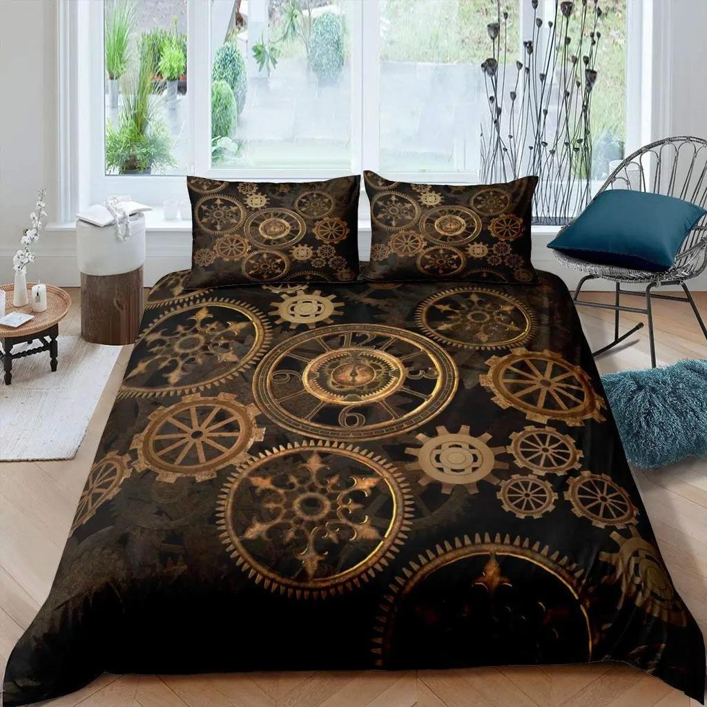 Gear Printing Duvet Cover Three-Piece Retro Mechanical Device Bedding Quilt Cover