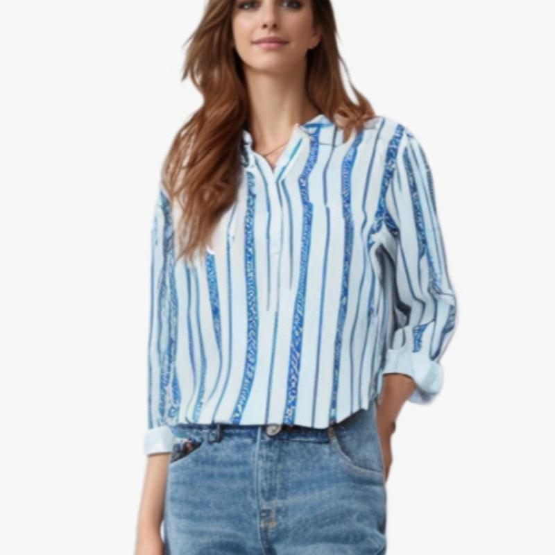 Spring and Autumn Women's Plus Size Striped Printed Button Shirt Loose Long Sleeve Top