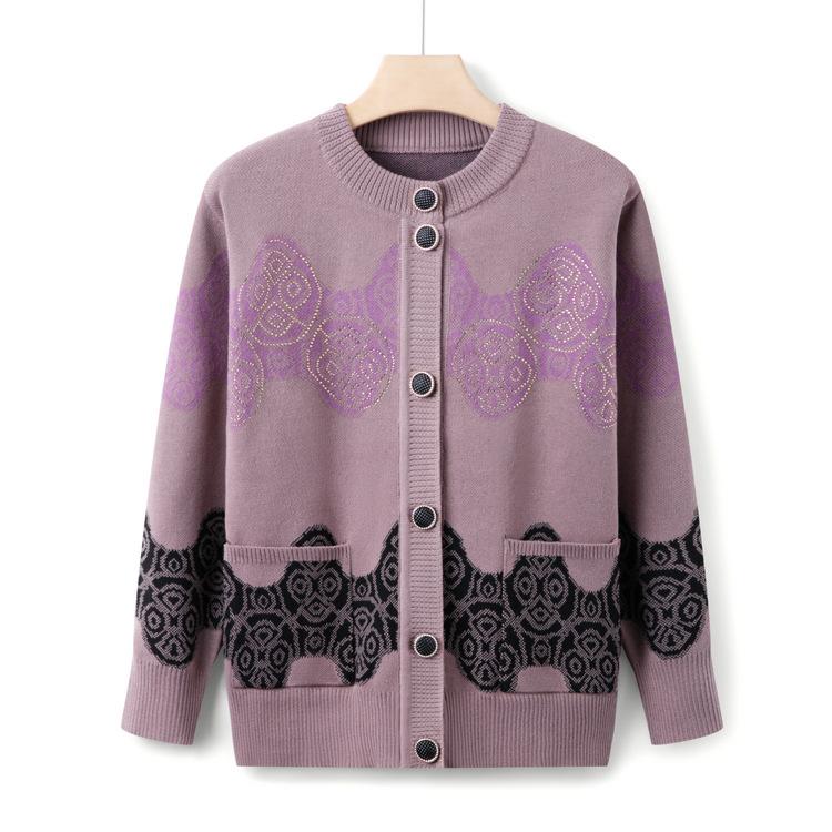 Grandma Wear Autumn Sweater Jacket Middle-aged and Elderly Round Neck Cardigan Top for Women 50 Years Old 60 Mother Fashionable Knitted Sweater