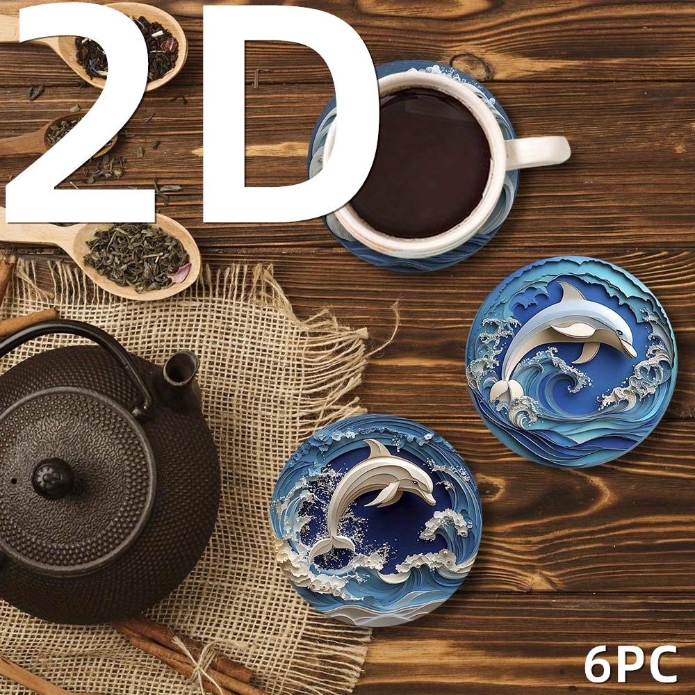 6 Pieces 2D Wooden Coasters Dolphin Pattern Theme Desktop Insulation Mats Home Decor Coffee Mug Coasters For Office Restaurant