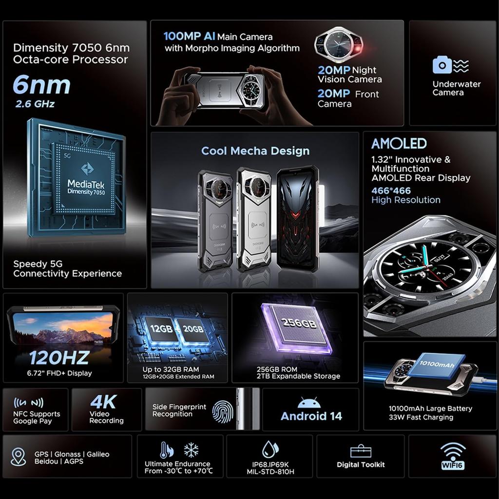 Doogee S200 5G Handy 32GB RAM + 256GB ROM 6,72" 120Hz 10100mAh Akku 100MP KI Hauptkamera Android 14