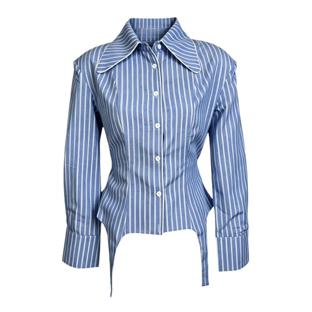Irregular Hemline Stripe Slim Shirt Lapel Collar Women Shirt Casual Long Sleeve Shirt Office Style