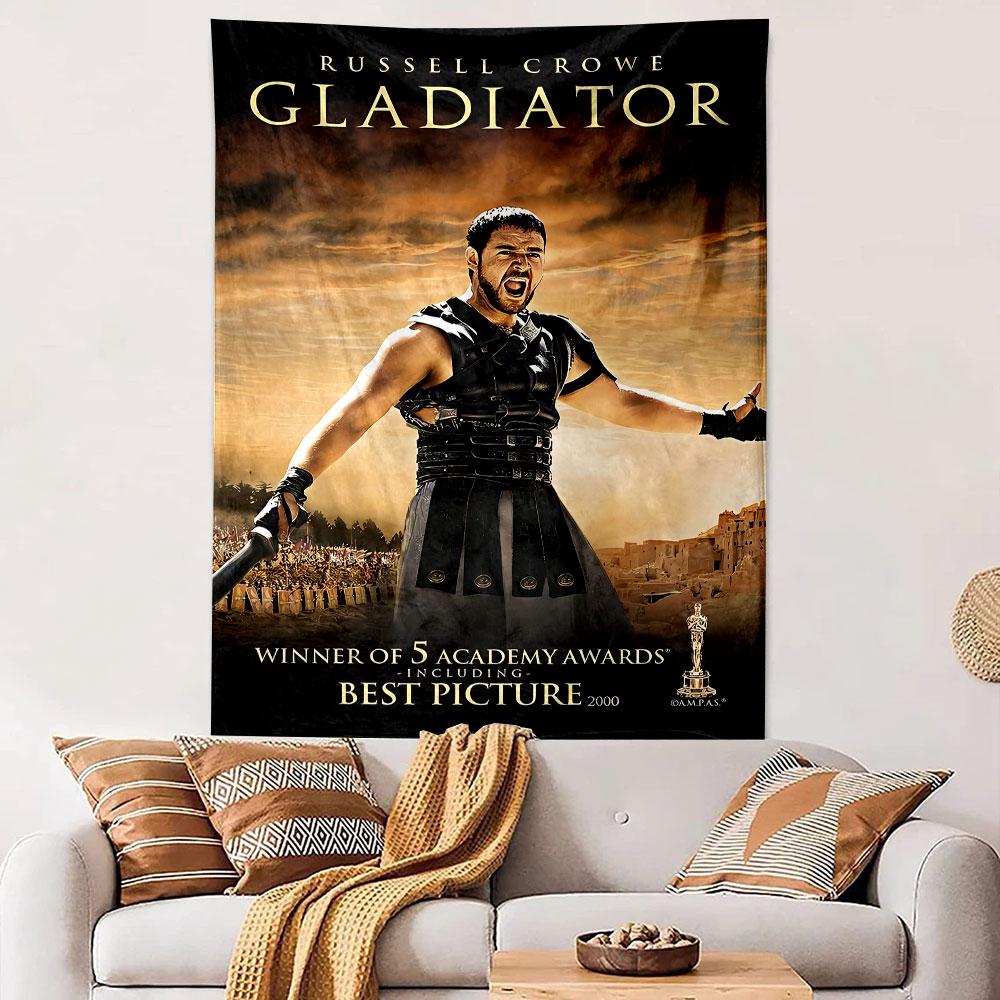 The Main Pattern Features a Warrior In Armor Roaring In a Desert Arena. Patterned Tapestry for Bedroom and Living Room Home Decor