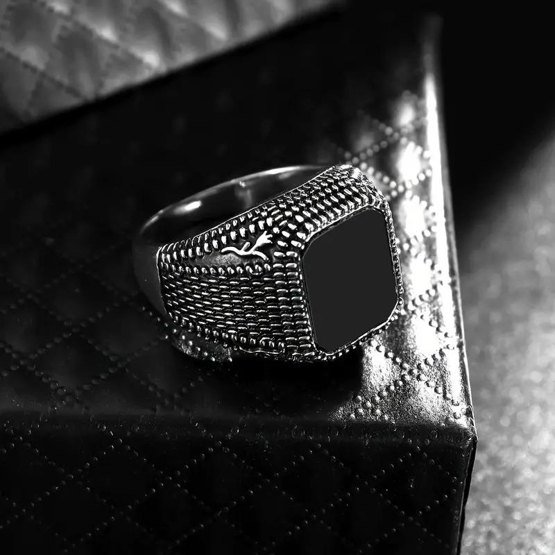 Retro Handmade Turkish Signet Ring Vintage Men Ancient Silver Color Pattern Ring Inlay Black Zircon Party Punk Motor Biker Ring