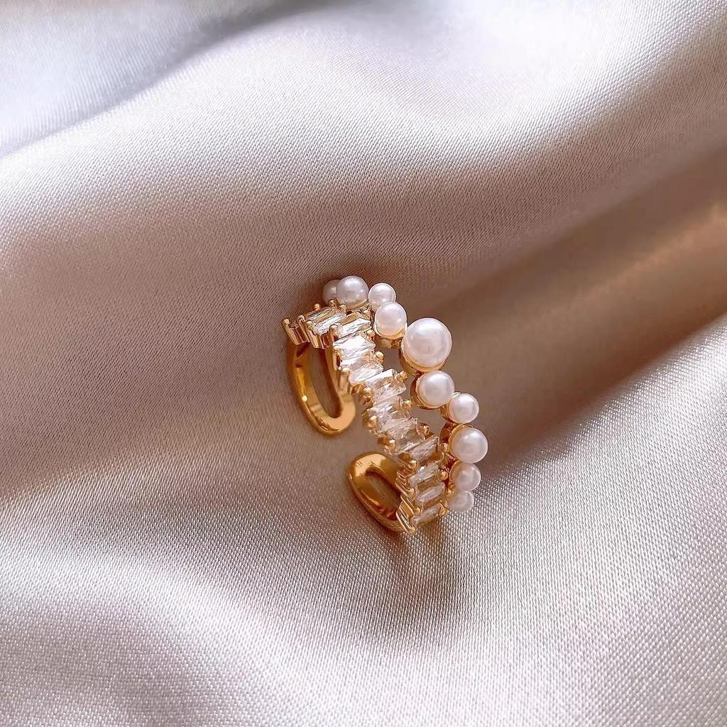 Exquisite French Zircon Pearl Double Layer Geometric Open Ring for Women - Luxurious and Unique Design