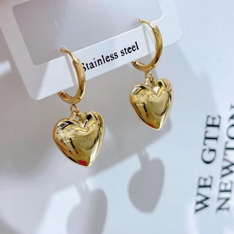 Stainless Steel Gold Heart Drop Hoop Earrings