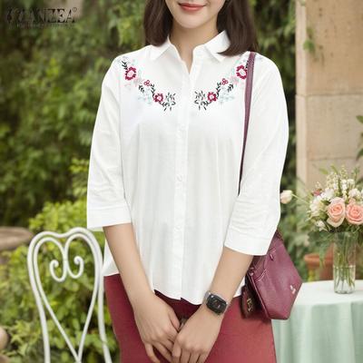 Women Casual Turn Down Collar 3/4 Sleeve Floral Embroidery Blouse