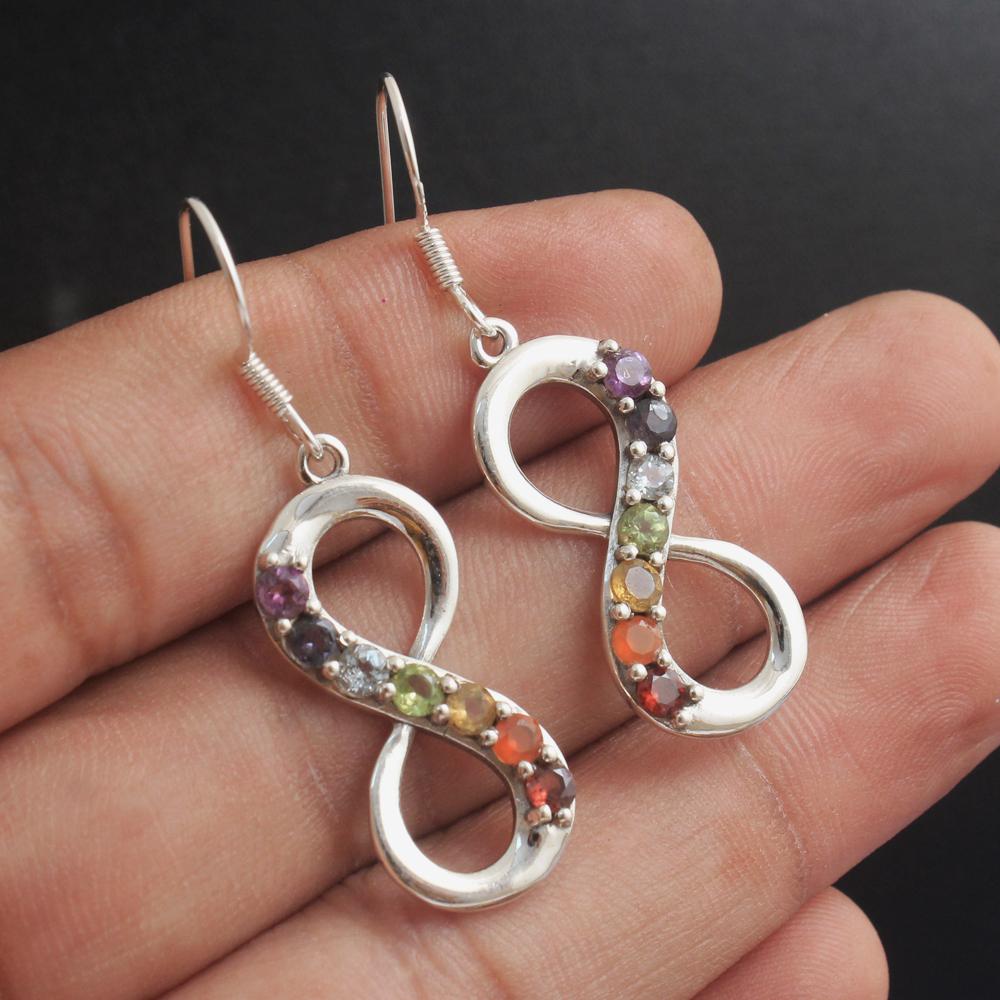 Massief 925 Sterling Zilver 7 Stenen Chakra Infinity Oorbel Dames Sieraden