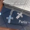 Vintage Blue White Double Cross Necklace, Paved Zircon Crucifix Pendant Chain, Retro Luxe Faith Choker for Women