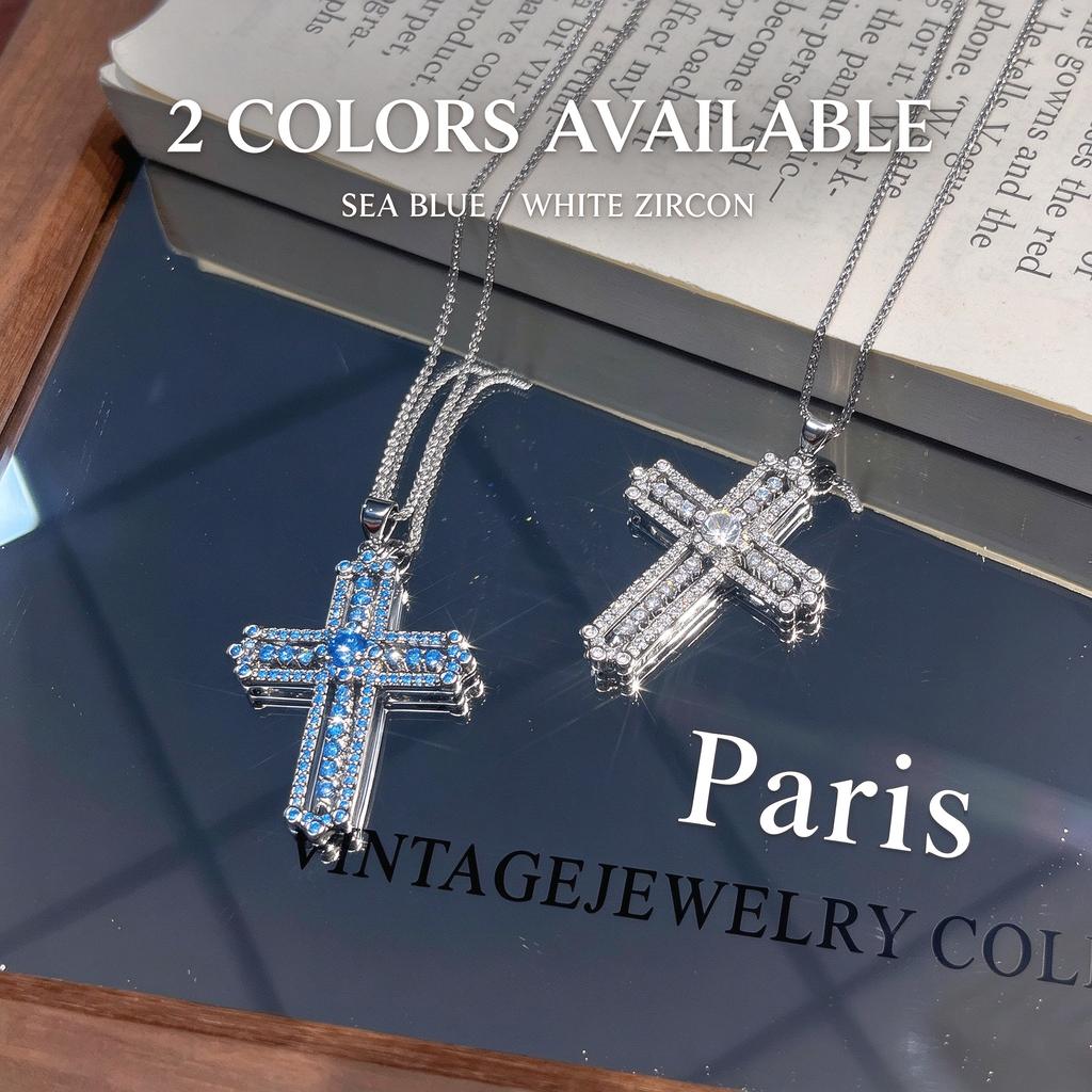 Vintage Blue White Double Cross Necklace, Paved Zircon Crucifix Pendant Chain, Retro Luxe Faith Choker for Women