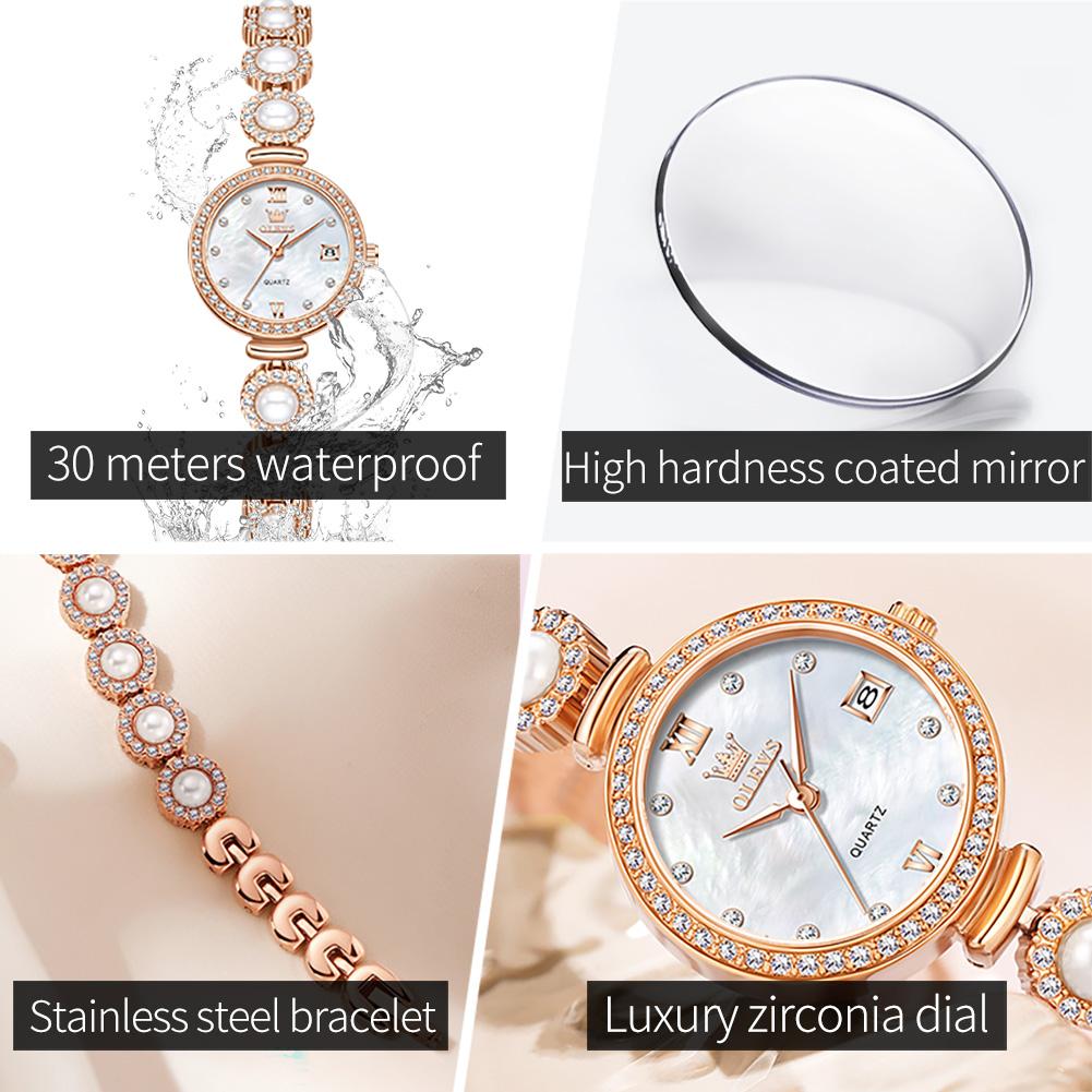 OLEVS Woman Watch Fashion Full Diamond Luxury Brand Ladies Watches Stainless Steel Pearl Bracelet Wrist Watches for Women 5635