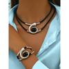 Simia style necklace and bracelet set, double black rope design, with oval black rhinestone pendant, ladies fashion jewelry