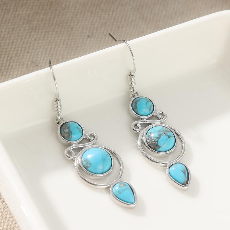 

Vintage Ethnic Turquoise Geometric Dangle Earrings for Women Bohemian Vacation Style Silver Color Metal Earrings Jewelry