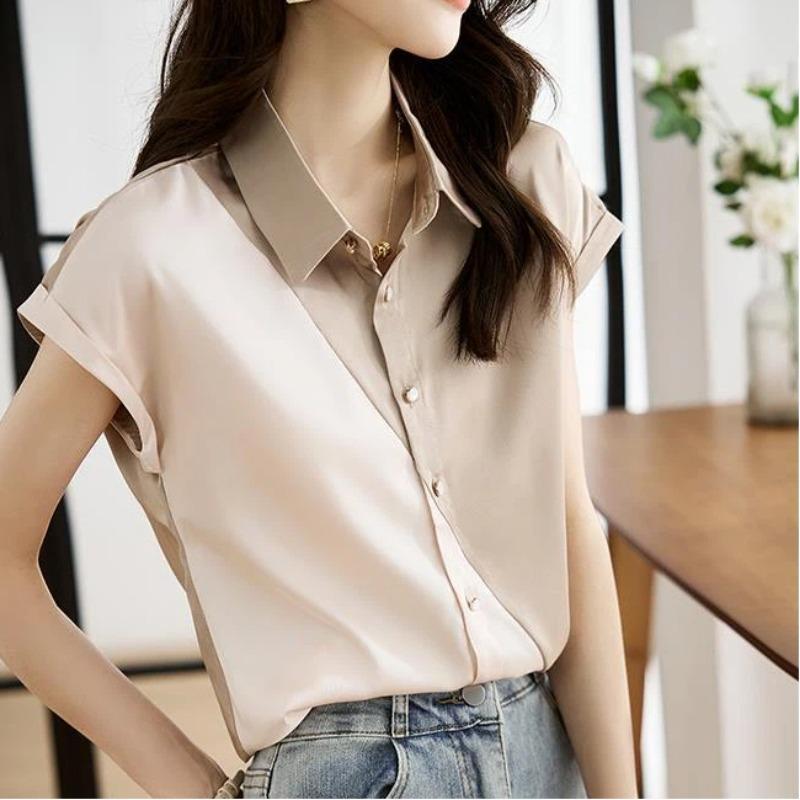New Summer Women's Fashionable Slim Short-sleeved Lapel Contrast Satin Shirt
