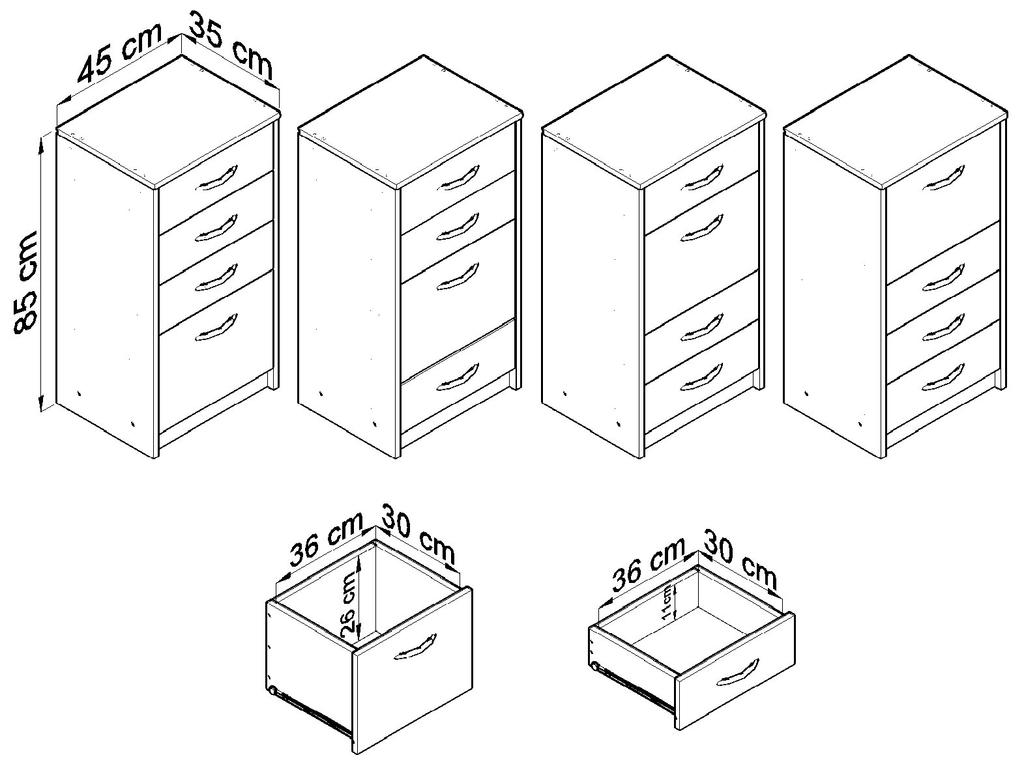 Chest Of Drawers, Cabinet, 45Cm, 4S, White, 4 Drawers, Shelf