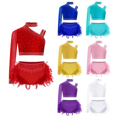 Kinder Mädchen Ballett Tanzsets Bühnenkostüm Strass Gymnastik Tops Einzigartiges Unregelmäßiges Schulter Crop Top mit Slips Anzug