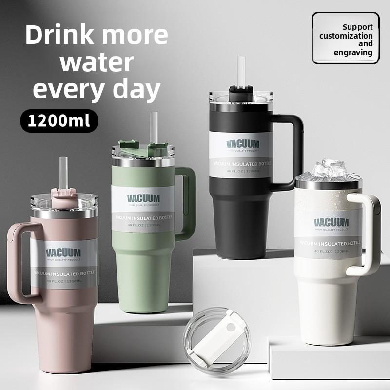 40oz Stainless Steel Car Mug With Handle And Straw For Travel And Office Use