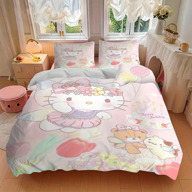 3pcs Happy Birthday Hello Kitty Bedding Set - 1 Soft Quilt Cover + 2 Pillowcases, Machine Washable - Suitable for All Seasons, Perfect Gift