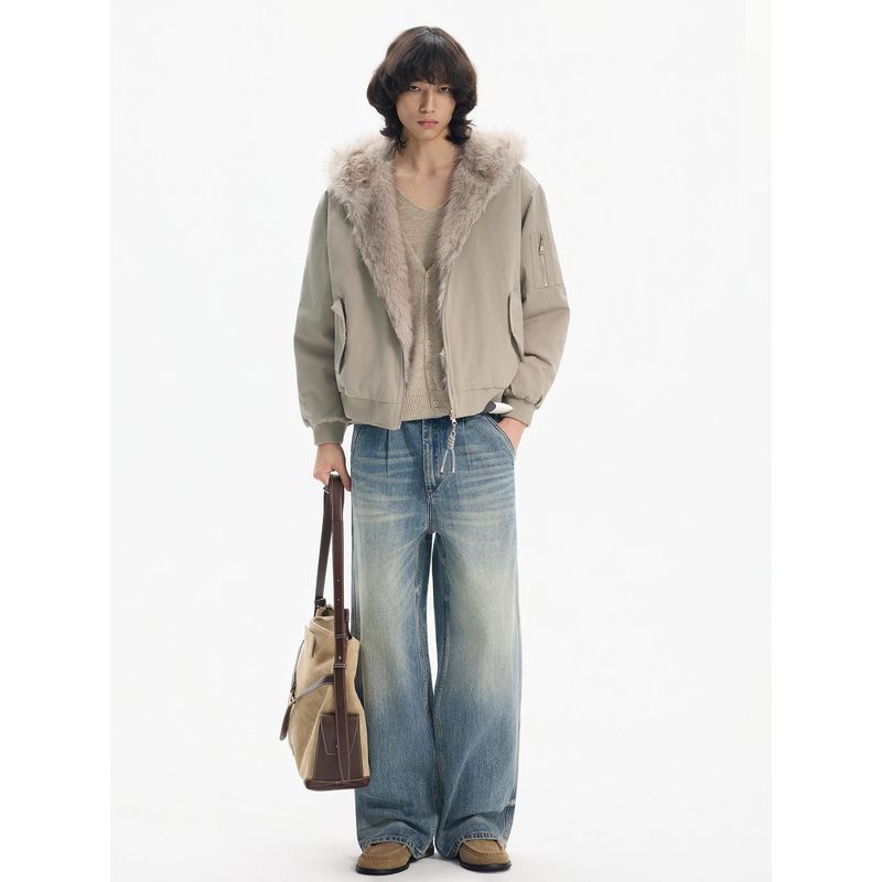 Blaexit American-Style Bomber Pilot Jacket Cotton Coat for Men, Winter Thickened Reversible Jacket with Mountain Carving Design