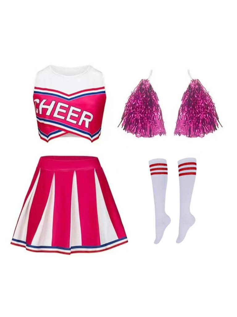 Women Girl Cheerleading Costume Sleeveless Dress Hand Flower With Stockings Dance Costume Set Schoolgirl Cheerleading Dance Suit