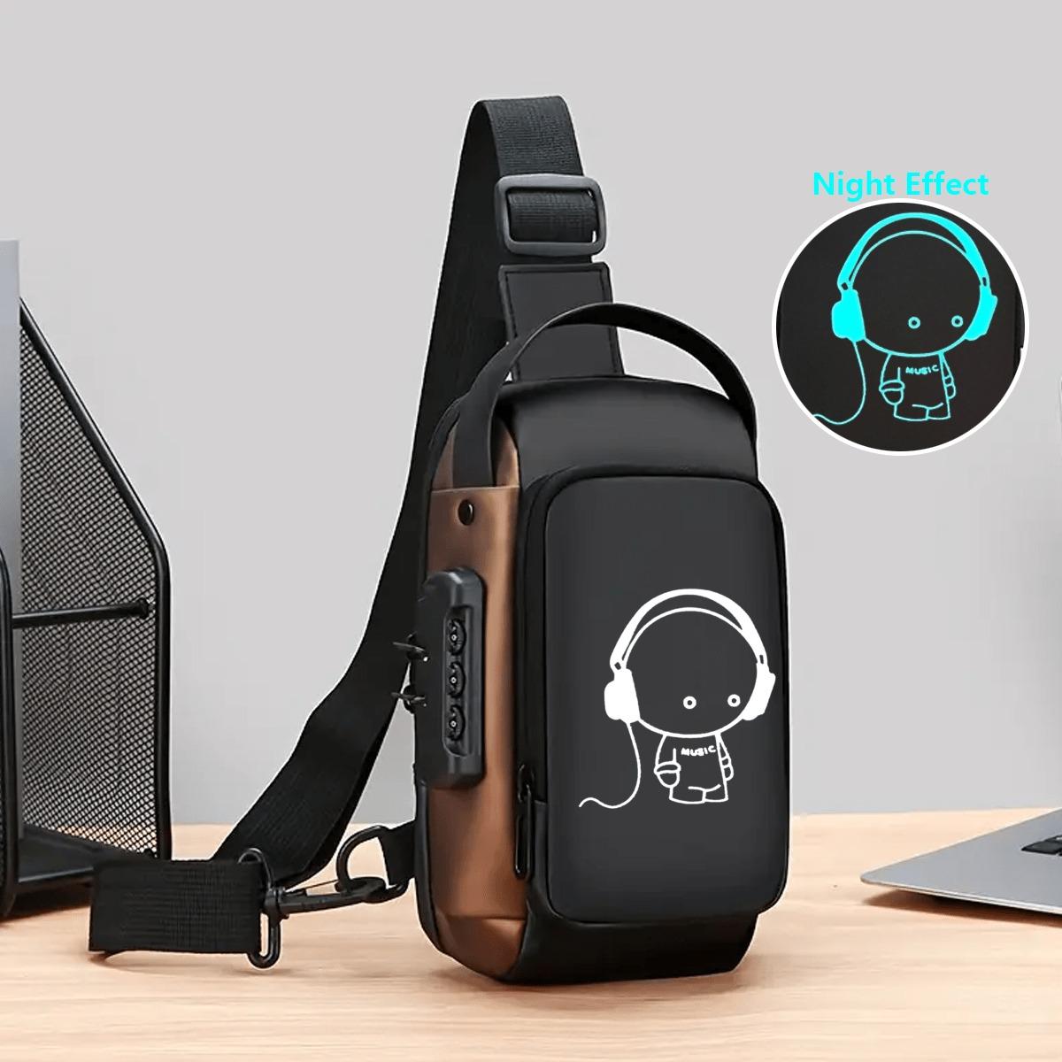 

Модная мужская нагрудная сумка со светящимся принтом и кодовым замком, подходит для поездок на работу, повседневной жизни, езды на велосипеде и т. д. чёрный/золотистый