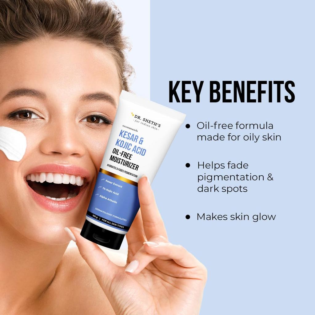 Dr. Sheth's Kesar & Kojic Acid Oil-Free Moisturizer 100 g Pack | Lightweight Gel Cream for Pigmentation & Glowing Skin