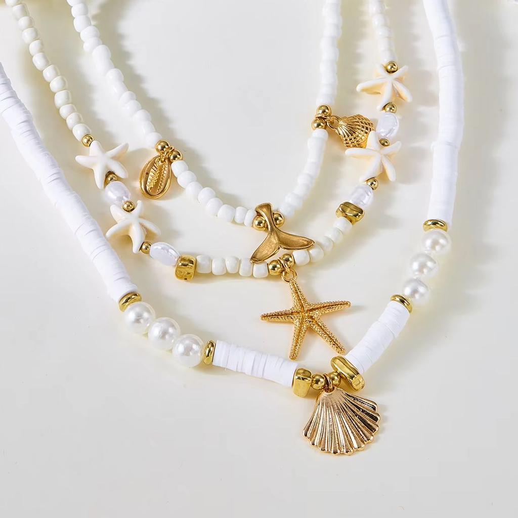 Boho Mehrschichtige Seestern Muschel Reiskorn Perlen Halskette für Damen Vintage Imitation Perlenstein Halskette Sommer Strandparty Schmuck