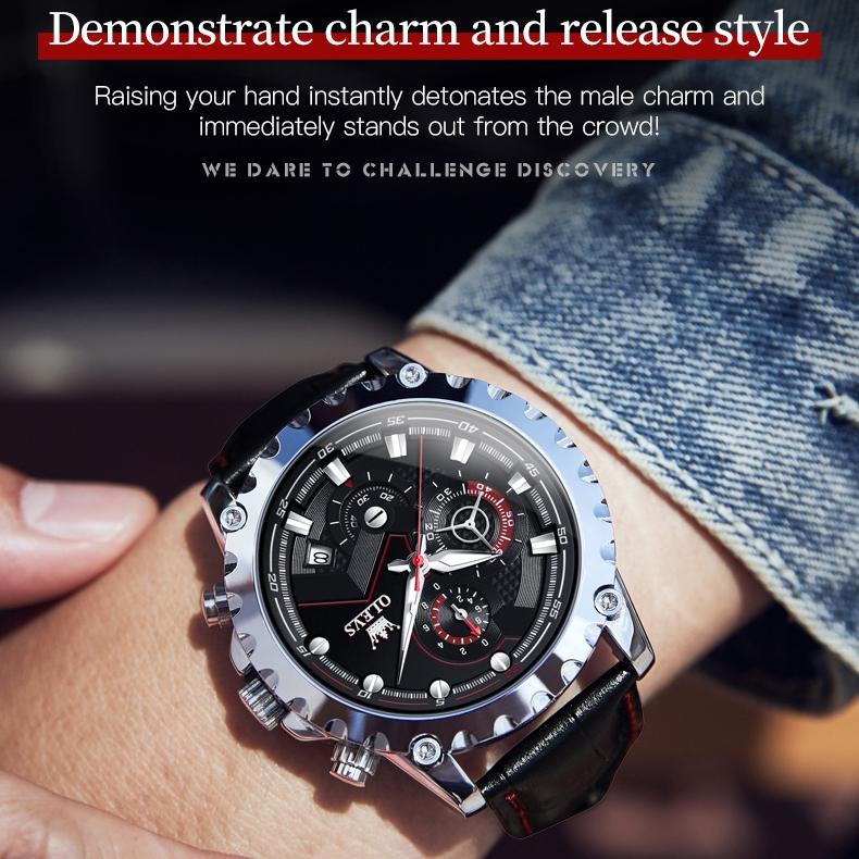 OLEVS Merkeklokke lysende stor urskive multifunksjons herreklokke herreklokke