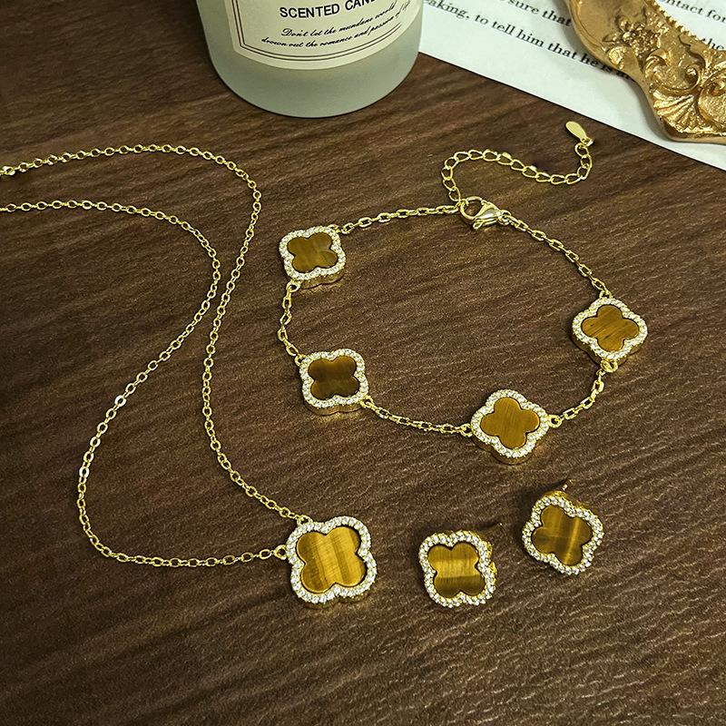 Jewelry Set Earrings Necklace Bracelet New Accessories Four Leaf Clover Natural Tiger Eye Stone Light Luxury Women's