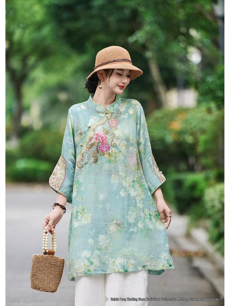 2026 Spring/Summer Women's Chinese Style Embroidered Ramie Shirt with Stand Collar and Pipa Buttons
