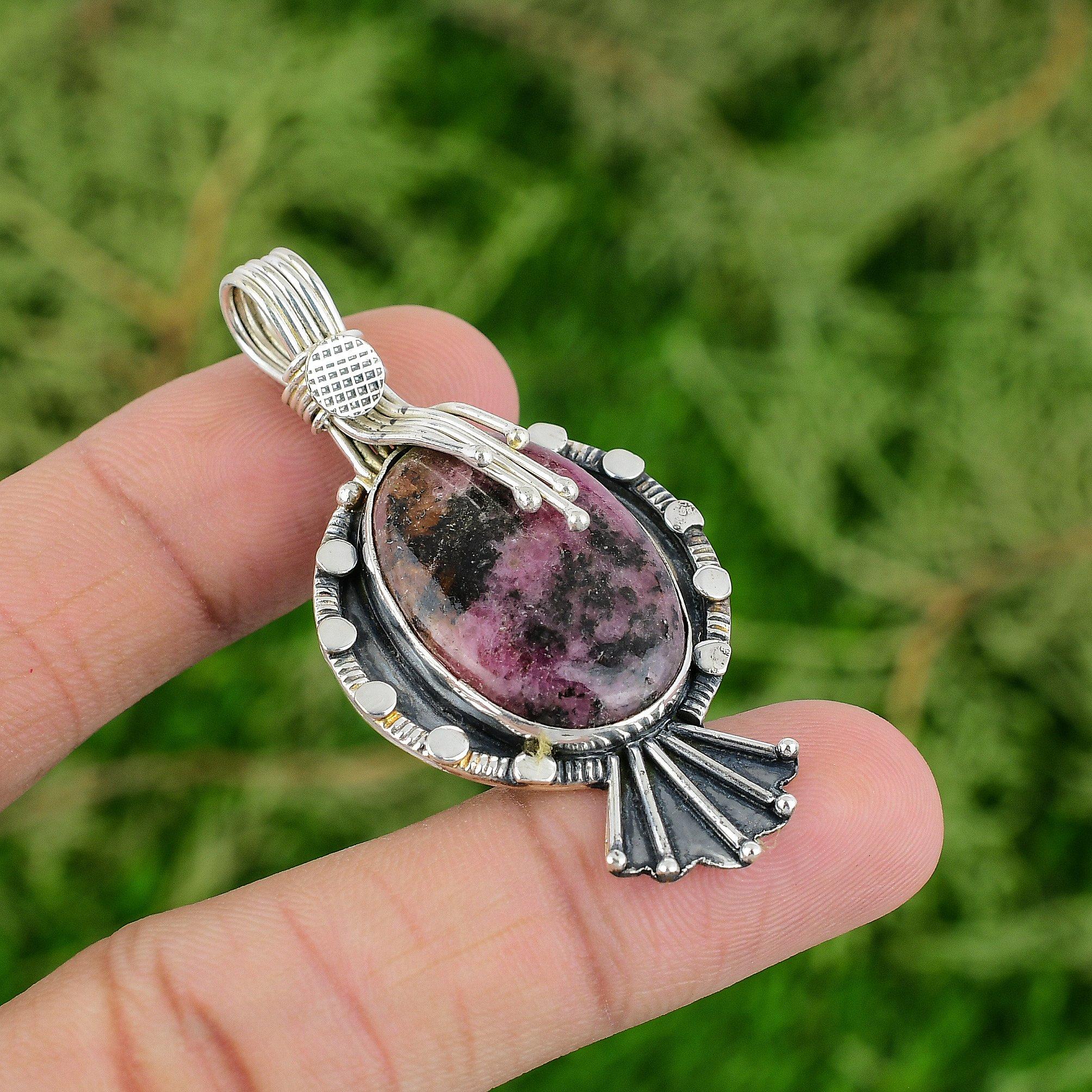 

Daughters Day Sale 925 Sterling Silver Natural Rhodonite Handmade Ethnic Pendant