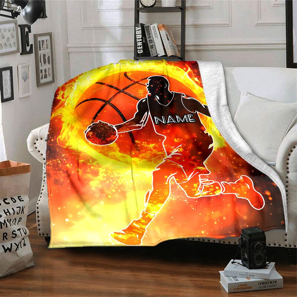 Flaming Basketball Player In Action On Fire Background Multipurpose Customizable Blanket Personalized Text Soft Warm Cozy For Sofa Couch Office Bed