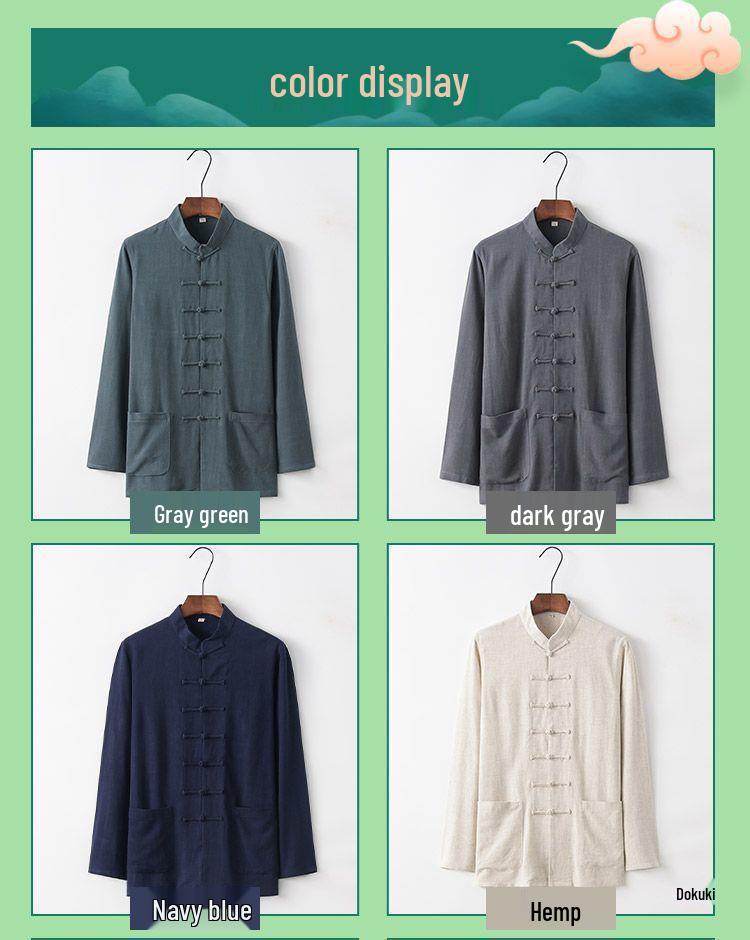 Men's Bamboo Cotton & Linen Retro Tang Suit Shirt for Spring/Summer - Long-Sleeved Kung Fu Tai Chi Tea Service
