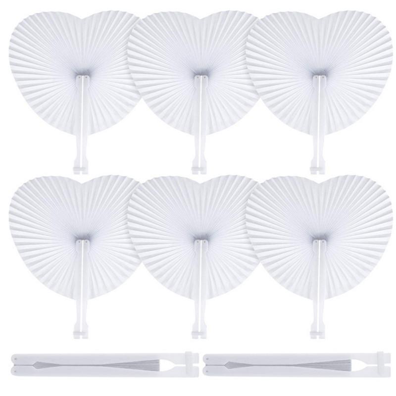 White Paper Fan Heart-Shaped Round Folding Fan Plastic Handle Wedding Birthday Party Supplies