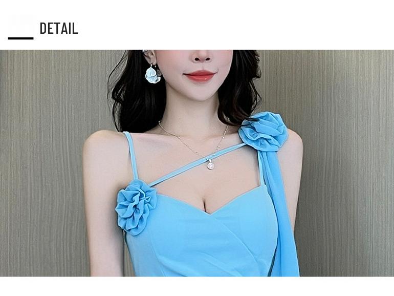 Japanese Style Spa Technician Dress: Three-Dimensional Rose Spaghetti Strap Evening Design