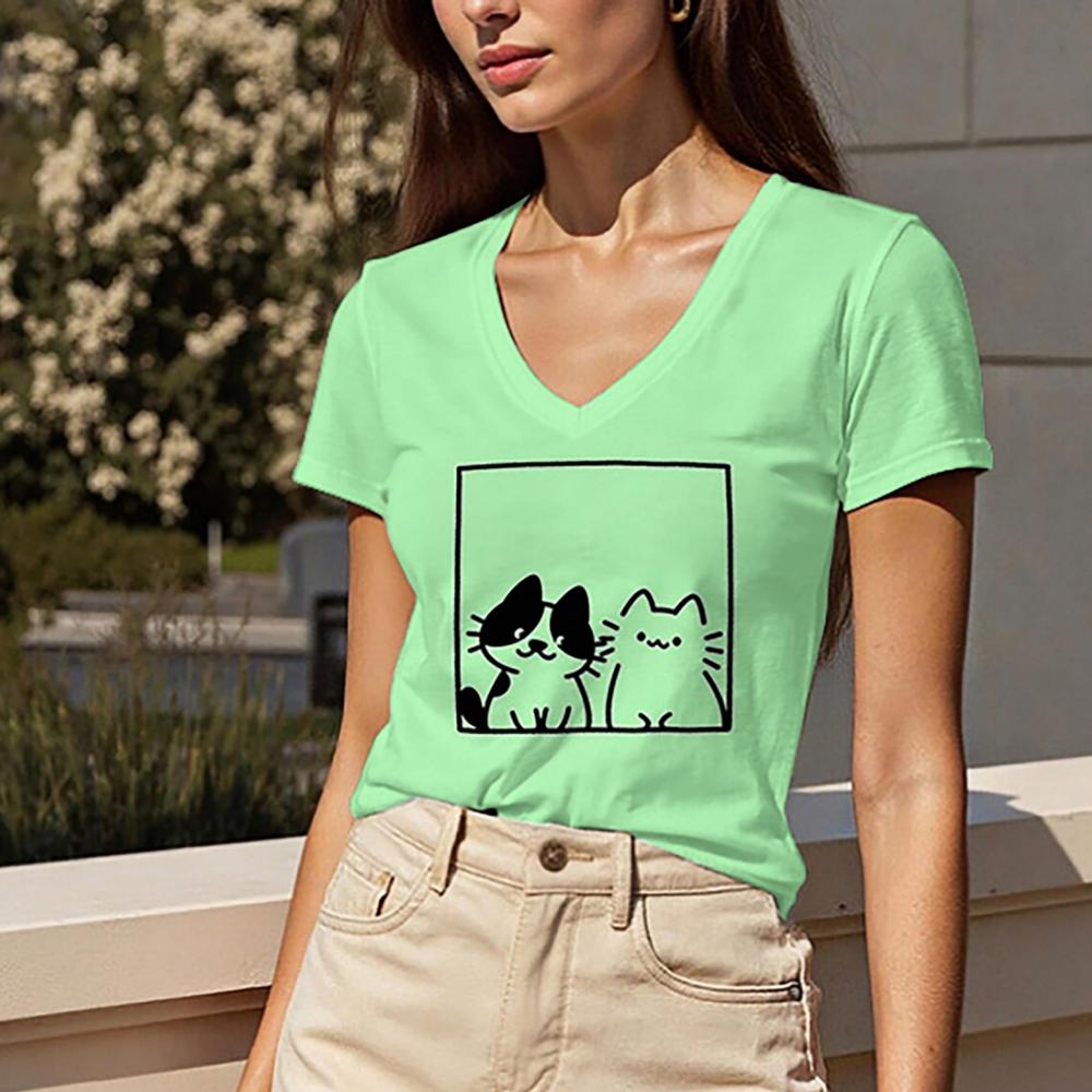 Summer Women's Regular Fit V-neck Short-sleeved T-shirt, Regular Length, Women's Top with Two Cat Prints.