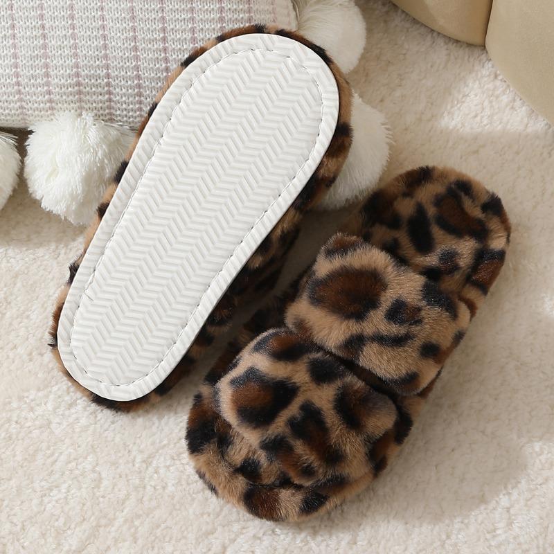 New leopard print fluffy slippers women's spring and autumn new flat bottom comfortable home plush cotton slippers