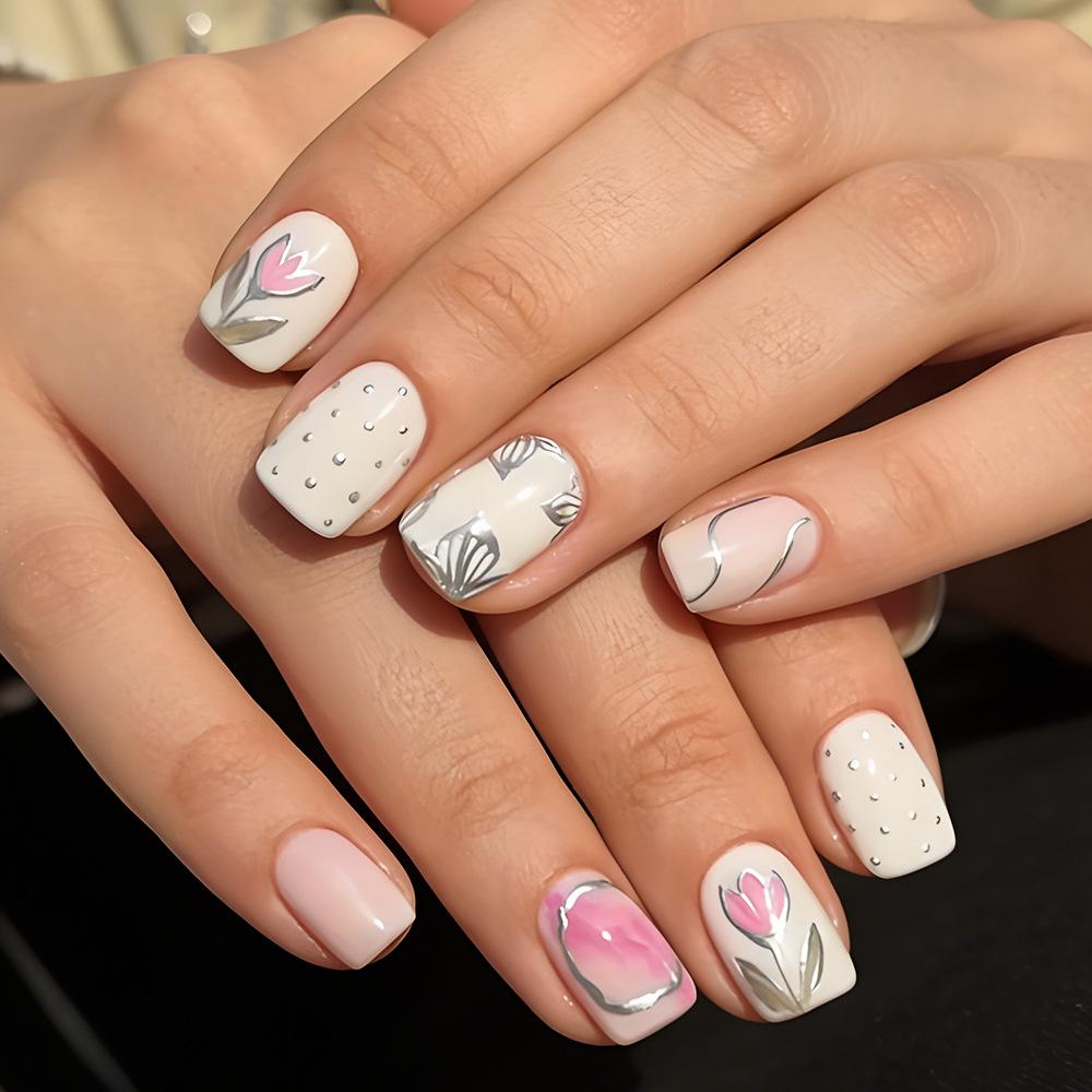 Spring/Summer Tulip Embossed Glitter Silver-Edged Cream White Floral Nails - 24 Pcs