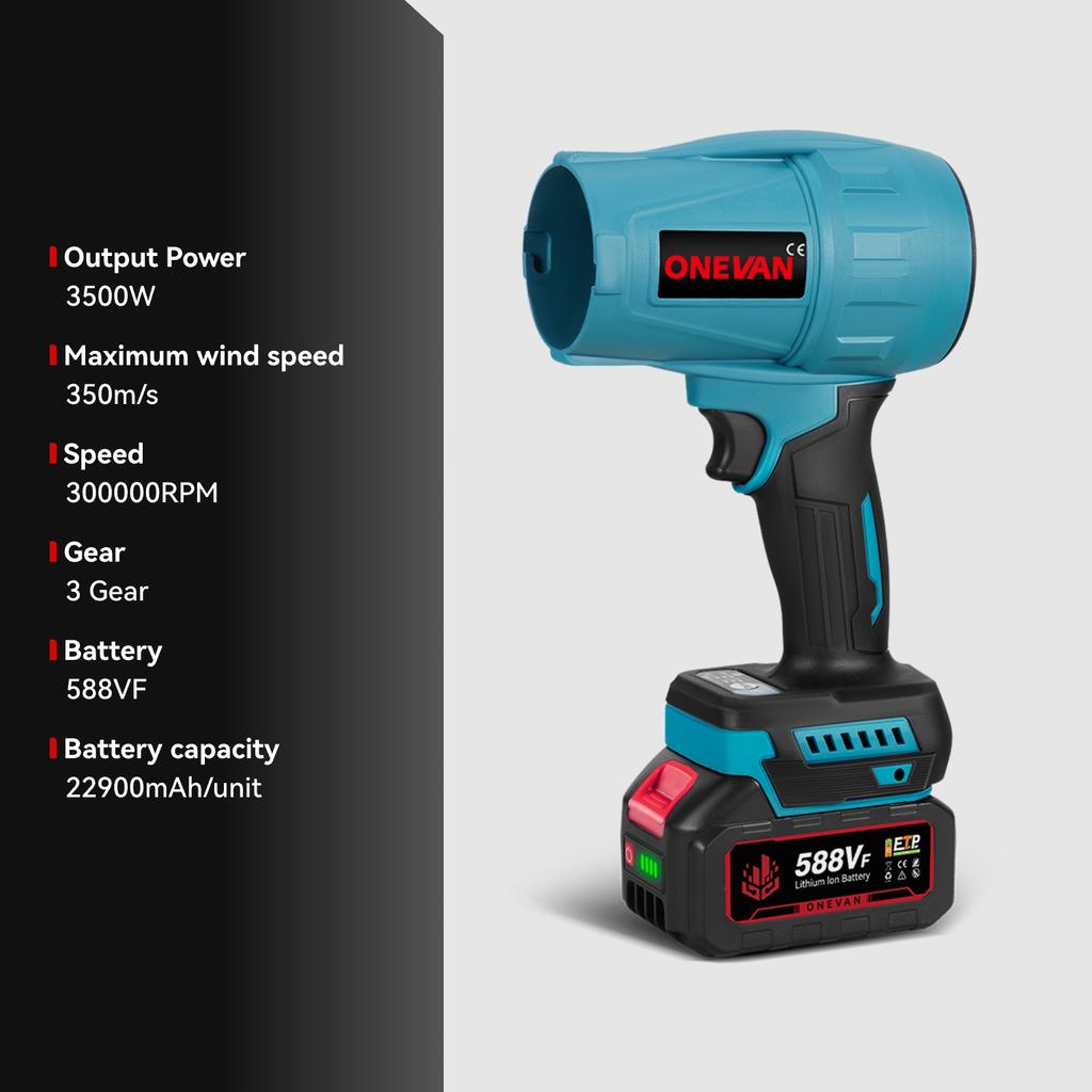 ONEVAN Brushless 3 Gears Electric Air Blowers Turbo 300000RPM Jet Fan Handheld Leaf Blower Dust Blowing Tool for 21V Battery