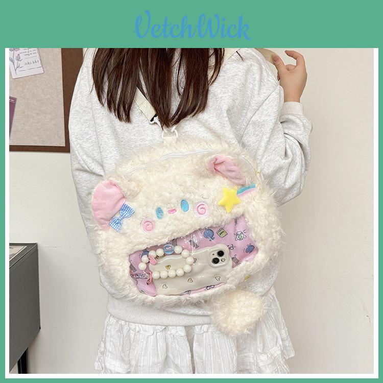Plush Cat Shoulder Bag With Transparent Compartment For Daily Casual Use