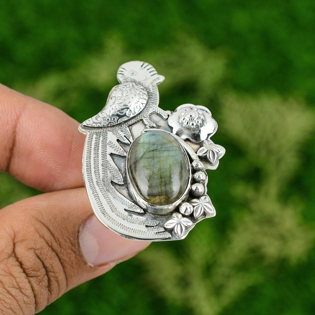 Natural Labradorite Gemstone Promise Bird Adjustable Ring 925 Sterling Silver