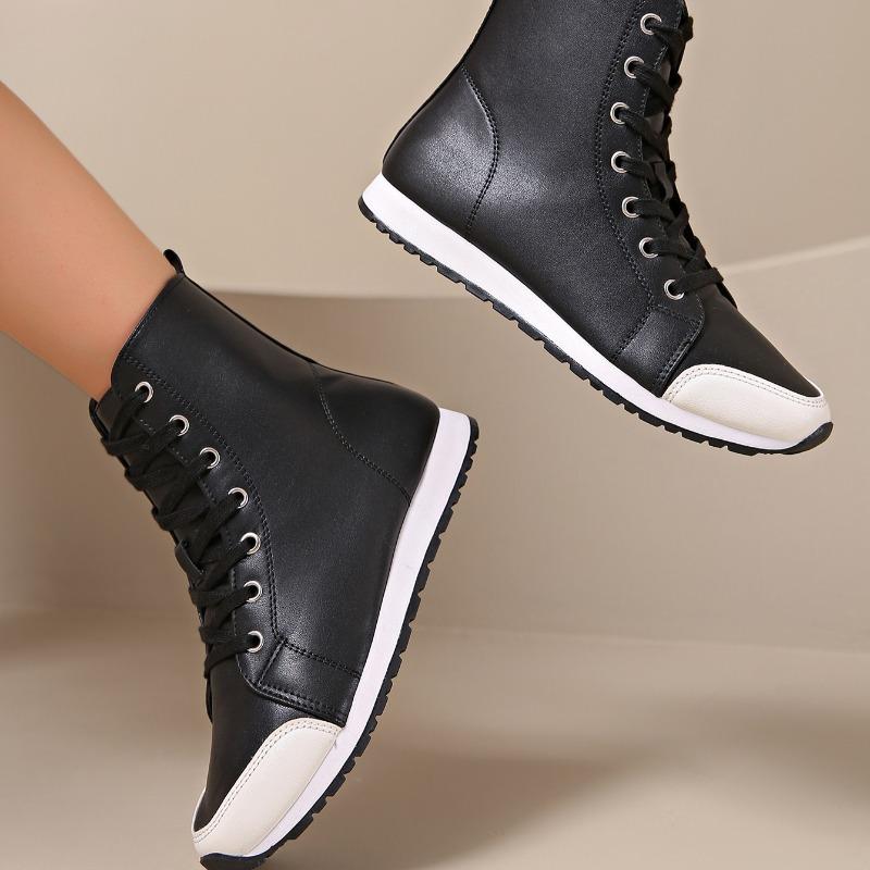 Women's Boots Lightweight Pu Leather Casual Shoes Side Zipper Women's Ankle Boots Lace Up Flat Bottom Boots Classic Women's Boot