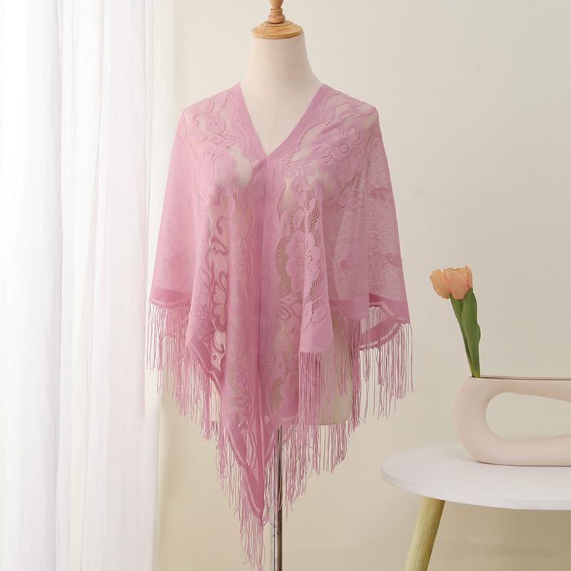 Summer Transparent Lace Flower Tassel Scarf Mesh Yarn Cheongsam Shawl Triangle Neck Scarves Neckerchief Head Scarf