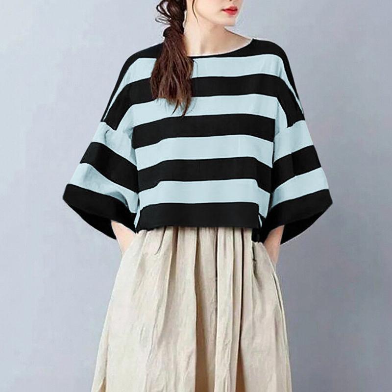 ZANZEA Dámská ležérní halenka s kulatým výstřihem a 3/4 rukávem s volným pruhem